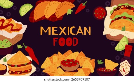 Moldura de comida mexicana. Cozinha picante latino-americana, pratos tradicionais, lanches, molhos, burritos e tacos, nachos, salsa, banner design, panfleto ou página de menu, conceito de desenho animado de vetor