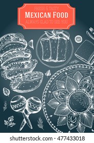 Mexican food frame. Mexican food vector illustration. Linear graphic style. Drawn on a chalkboard.