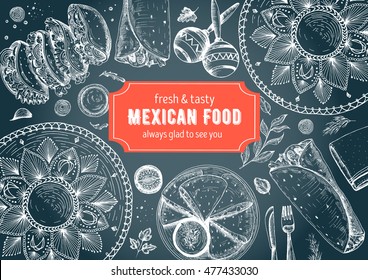 Mexican food frame. Mexican food vector illustration. Linear graphic style. Drawn on a chalkboard.