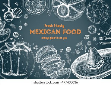 Mexican food frame. Mexican food vector illustration. Linear graphic style. Drawn on a chalkboard.