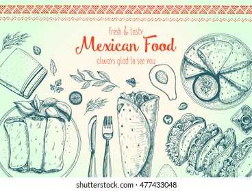 Mexican food frame. Mexican food vector illustration. Linear graphic style.