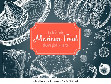 Mexican food frame. Mexican food vector illustration. Linear graphic style. Drawn on a chalkboard.