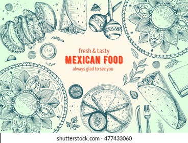 Mexican food frame. Mexican food vector illustration. Linear graphic style.