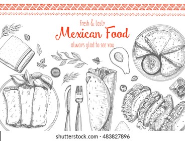 Mexican food frame. Mexican food vector illustration. Linear graphic style.