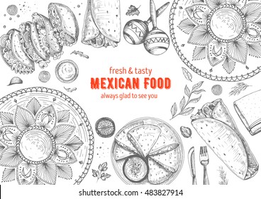 Marco culinario mexicano. Ilustración del vector alimentario mexicano. Estilo gráfico lineal.