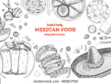 Mexican food frame. Mexican food vector illustration. Linear graphic style.