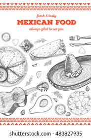 Mexican food frame. Mexican food vector illustration. Linear graphic style.