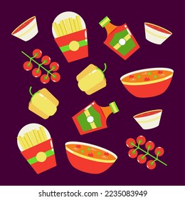 Mexican food. French fries, porridge, ketchup and vegetables pattern