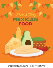 mexican food fresh and tasty poster with ingredients for prepare tacos vector illustration design