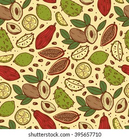 Mexican Food. Mexican Fruits Seamless Pattern. Hand drawn doodle Fresh Fruits: sapodilla fruit (chico fruit), guanabana, lime, cocoa fruits and cocoa beans