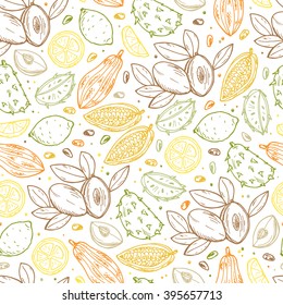 Mexican Food. Mexican Fruits Seamless Pattern. Hand drawn doodle Fresh Fruits: sapodilla fruit (chico fruit), guanabana, lime, cocoa fruits and cocoa beans