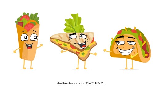 Mexican food funny cartoon character set. Mexico cuisine cute happy face emoticons mascot collection. Smiling latin american burrito. Vector joyful quesadilla. Comic expression tacos eps illustration