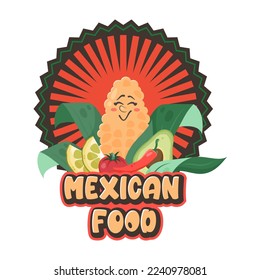 Mexican food. Funny character corn with lime, tomato, pepper, avocado. Rich harvest. Doodle drawn vector illustration for dishes, menu, poster, flyer, banner, delivery, cooking concept 