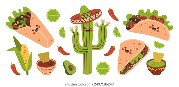 Conjunto de personajes divertidos de comida mexicana. México cocina linda feliz cara emoticones mascota colección. Burrito sonriente, taco.