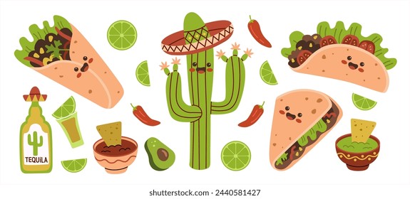 Mexican food funny characters set. Mexico cuisine cute happy face emoticons mascot collection. Smiling burrito, taco.