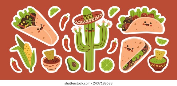 Mexican food funny characters stickers set. Mexico cuisine cute happy face emoticons mascot collection.