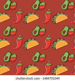 Mexican food gastronomy background pattern, chilli avocado and tacos vector illustration graphic design.