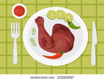 Mexican food Grilled Achiote Chicken. Yucatan style marinated chicken leg with achiote on plate with chili peppers and lime. View from above. Vector illustration of Latin American national dish