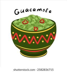 Mexican food guacamole dip in a bowl with hand drawn text. Holy guacamole, National Guacamole Day, Cinco de mayo food. Vector illustration isolated on a white background.