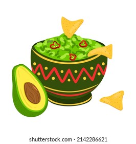 Guacamole, comida mexicana, sumerge con nachos, chile rojo y aguacate en un tazón. Guacamole, Día Nacional del Guacamole, Cinco de mayo. Ilustración vectorial aislada en un fondo blanco.