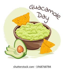 Mexican food guacamole with nachos. Holy guacamole, National Guacamole Day. 