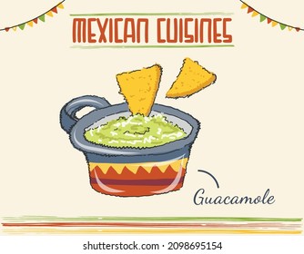 Guacamole de comida mexicana con nachos. Santo guacamole, Día Nacional del Guacamole. Doodle vectorial de color de plato aislado de México