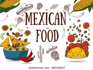 Mexican food , guacamole, tacos , corn , vector illustration on white background , hand illustration