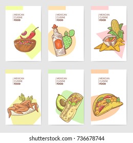 Mexican Food Hand Drawn Brochure Template Set. Mexico Traditional Cuisine Cards. Vector illustration