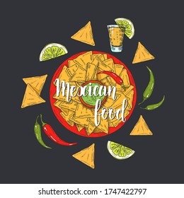 Mexican Food. Hand drawn colored nachos, chili pepper, lime, jalapenos,  tequila in sketch style on black. Hand made lettering. illustration for menu designs.