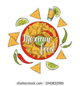 Mexican Food. Hand drawn colored nachos, chili pepper, lime, jalapenos,  tequila in sketch style on white. Hand made lettering. illustration for menu designs.
