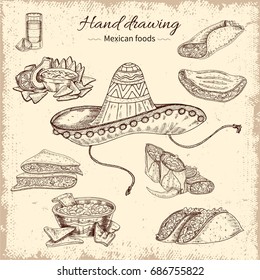 Mexican food hand drawn design with sombrero tortilla soup taco and burrito on grunge background vector illustration