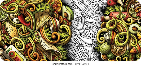 Mexican food hand drawn doodle banner. Cartoon detailed flyer. Mexica cuisine identity with objects and symbols. Color vector design elements background