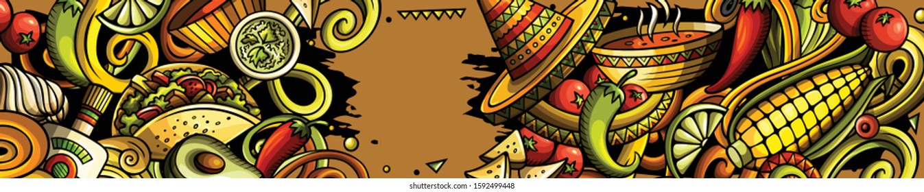 Mexican food hand drawn doodle banner. Cartoon detailed flyer. Mexica cuisine identity with objects and symbols. Color vector design elements background