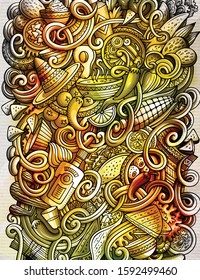 Mexican food hand drawn doodle banner. Cartoon detailed flyer. Mexica cuisine identity with objects and symbols. Watercolor vector design elements background