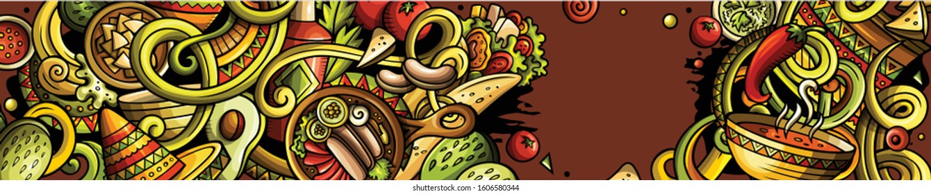 Mexican food hand drawn doodle banner. Cartoon detailed flyer. Mexica cuisine identity with objects and symbols. Color vector design elements background