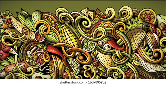 Mexican food hand drawn doodle banner. Cartoon detailed flyer. Mexica cuisine identity with objects and symbols. Color vector design elements background