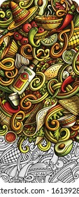 Mexican food hand drawn doodle banner. Cartoon detailed flyer. Mexica cuisine identity with objects and symbols. Color vector design elements background