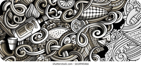 Mexican food hand drawn doodle banner. Cartoon detailed flyer. Mexica cuisine identity with objects and symbols. Monochrome vector design elements background