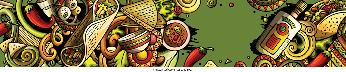 Mexican food hand drawn doodle banner. Cartoon detailed flyer. Mexica cuisine identity with objects and symbols. Color vector design elements background