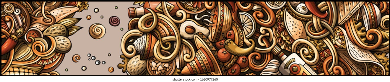 Mexican food hand drawn doodle banner. Cartoon detailed flyer. Mexica cuisine identity with objects and symbols. Color vector design elements background