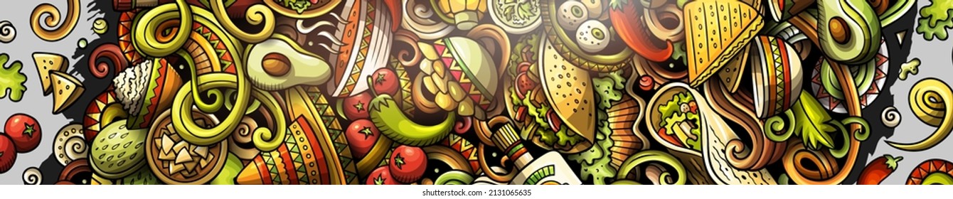 Mexican food hand drawn doodle banner. Cartoon detailed flyer. Mexica cuisine identity with objects and symbols. Color vector design elements background