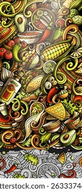 Mexican food hand drawn doodle banner. Cartoon detailed flyer. Mexica cuisine identity with objects and symbols. Color vector design elements background
