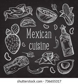Mexican Food Hand Drawn Doodle Chalkboard. Mexico Traditional Cuisine. Vector illustration