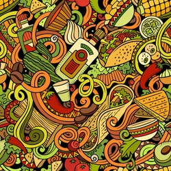 Mexican Food Hand Drawn Doodles Seamless Pattern. Ethnic Cuisine Background. Cartoon Ethnicity Fabric Print Design. Colorful Vector Illustration