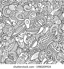 Mexican Food hand drawn doodles seamless pattern. Ethnic Cuisine background. Cartoon ethnicity fabric print design. Sketchy vector illustration