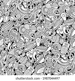 Mexican Food hand drawn doodles seamless pattern. Ethnic Cuisine background. Cartoon ethnicity fabric print design. Sketchy vector illustration