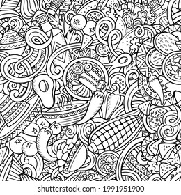 Mexican Food hand drawn doodles seamless pattern. Ethnic Cuisine background. Cartoon ethnicity fabric print design. Sketchy vector illustration