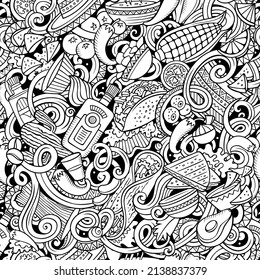 Mexican Food hand drawn doodles seamless pattern. Ethnic Cuisine background. Cartoon ethnicity fabric print design. Sketchy vector illustration