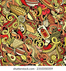 Mexican Food hand drawn doodles seamless pattern. Ethnic Cuisine background. Cartoon ethnicity fabric print design. Colorful vector illustration