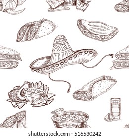 Mexican food hand drawn seamless pattern with sombrero tequila and lemon national dishes monochrome vector illustration